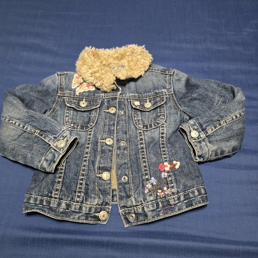 Baby Gap Jacket Girls 5T Blue Denim Sherpa Lined Embroidered Butterfly Floral